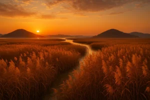 "순천만 갈대숲을 배경으로 한 가을 노을 풍경. 오렌지빛과 골드 톤으로 물든 하늘 아래, 빽빽한 갈대밭 사이로 굽이치는 물줄기가 멀리 산과 지평선까지 이어진다."
