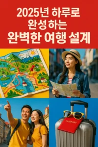 "당일치기 관광 코스 설계 인포그래픽 - 2025년 인기 여행지와、시간대별 일정 계획 및 필수 준비물 안내"