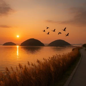 삼학도 해안길의 고요한 바다와 석양, 철새가 머무는 평화로운 풍경
