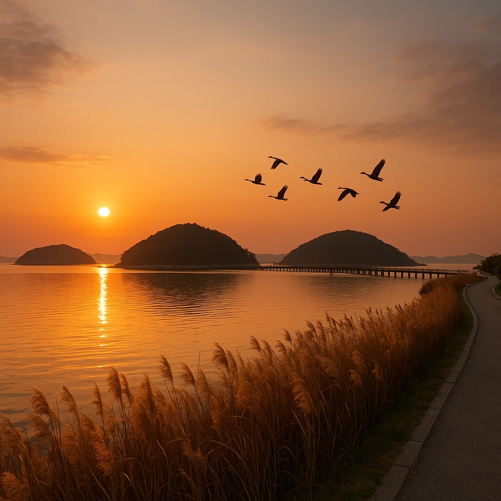 삼학도 해안길의 고요한 바다와 석양, 철새가 머무는 평화로운 풍경