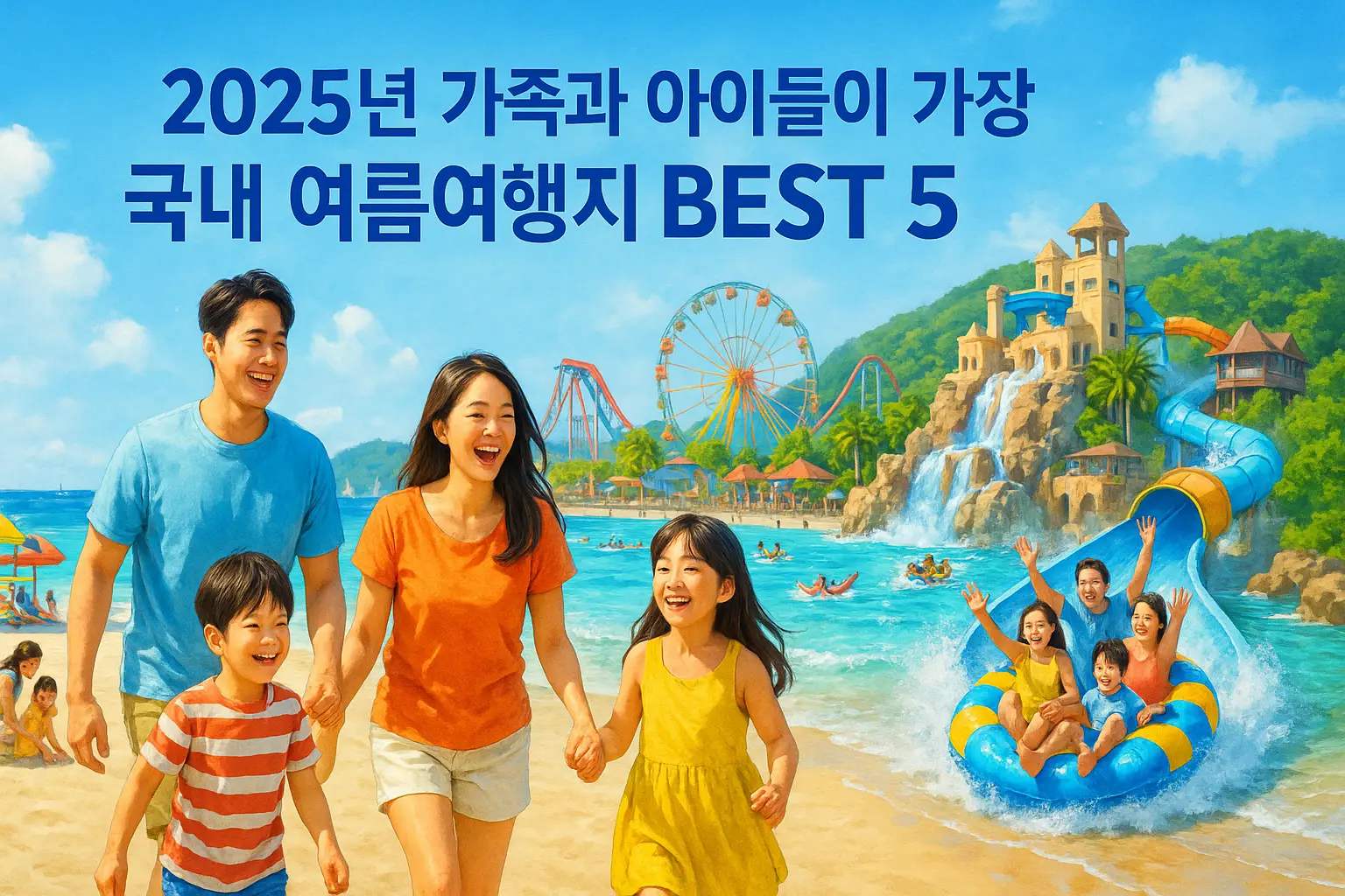 Ultra-realistic 4K image of a vibrant Korean summer vacation setting featuring top 5 domestic travel destinations loved by families and children in 2025. Sunny weather, happy families enjoying the beach, amusement parks, and nature resorts. Bright vivid summer colors, lively and energetic mood, high detail, natural lighting. Include Korean text in clean promotional style at the top center: "2025년 가족과 아이들이 가장 좋아하는 국내 여름여행지 BEST 5"