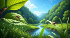 A vibrant summer landscape focusing on a seemingly idyllic '여름철 피서지' (summer vacation spot) like a lush green valley with a stream, but with a subtle overlay or foreground elements indicating potential insect risks: a visible mosquito buzzing near a leaf, a tiny tick on a blade of grass. The overall mood should be inviting yet subtly cautionary. The image should be rendered in a realistic, slightly stylized photographic style with a classic blue sky and water, vibrant green foliage, and warm sunlight.