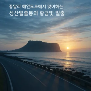 종달리 해안도로에서 보는 성산일출봉과 황금빛 일출, 새벽 바다의 잔잔한 물결, 멀리 솟은 일출봉의 웅장한 실루엣, 해안을 따라 펼쳐진 고요한 도로, 현실적인 빛 번짐과 대기감 표현, 습기 어린 공기 질감, 리얼한 하늘 구름과 반사광, 극사실주의 풍경 묘사, 4K 리얼리스틱 스타일, 블루 톤 색상 중심, 이미지 내 텍스트: "종달리 해안도로에서 맞이하는 성산일출봉의 황금빛 일출"

