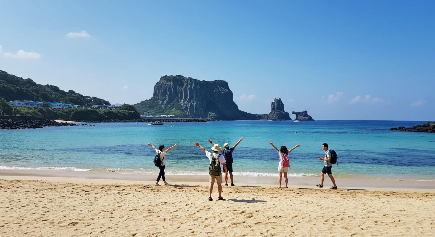제주도 8월의 따사로운 햇살과 시원한 해풍, 푸른 바다와 맑은 하늘, 여행자가 활짝 웃으며 해변을 걷는 장면, 초고해상도 4K 사진, 사실적인 디테일, 완벽한 조명, 깊은 초점심도, 선명한 텍스처, 사진적 품질, 자연스러운 색상, 극도의 디테일, 사실감, 프로페셔널 사진작가 작품, RAW 파일, 고급 DSLR 촬영, 블루 톤 컬러 팔레트, 이미지 내 텍스트: "2025년 제주 8월, 완벽한 여름 날씨와 여행 준비 팁"